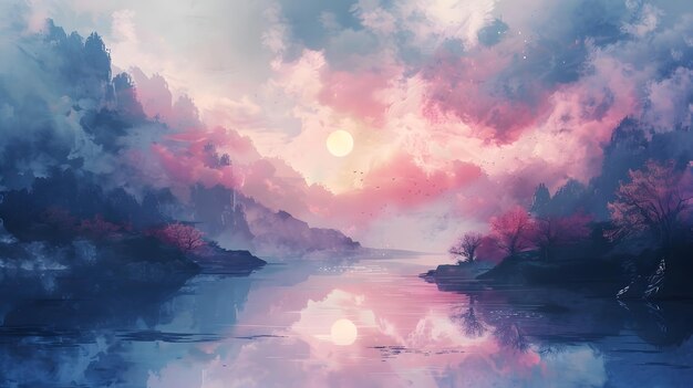 Photo this digital painting captures a tranquil mountain lake under a pink sunset surrounded by flowering