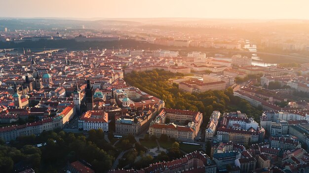 This drone photo offers an expansive aerial view of Pragues urban landscape showcasi Generative AI