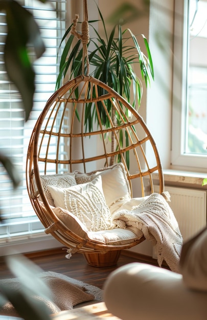 This eclectic bohemian living room has a rattan swing indoors