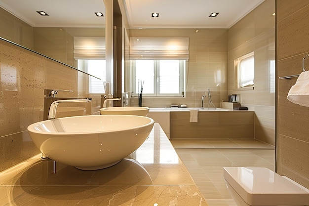 Photo this elegant bathroom features a modern design with beige tiles a spacious room sleek sink mirror