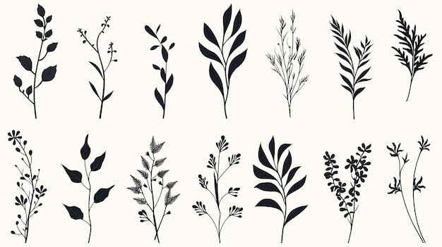 This elegant collection of handdrawn botanical elements includes various types of leaves flowers and plants in detailed