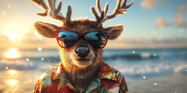 This funny illustration of a reindeer wearing sunglasses and a Hawaiian shirt in a beachy atmosphere is perfect for use on holiday posters that can bring fun and laughter to people on any occasion