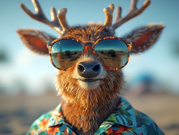 This funny illustration of a reindeer wearing sunglasses and a Hawaiian shirt in a beachy atmosphere is perfect for use on holiday posters that can bring fun and laughter to people on any occasion