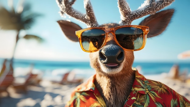 This funny illustration of a reindeer wearing sunglasses and a Hawaiian shirt in a beachy atmosphere is perfect for use on holiday posters that can bring fun and laughter to people on any occasion