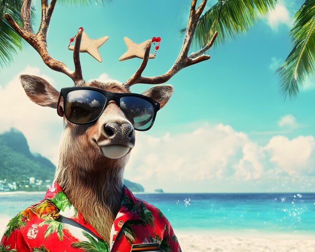 Photo this funny illustration of a reindeer wearing sunglasses and a hawaiian shirt in a beachy atmosphere is perfect for use on holiday posters that can bring fun and laughter to people on any occasion