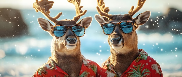 This funny illustration of a reindeer wearing sunglasses and a Hawaiian shirt in a beachy atmosphere is perfect for use on holiday posters that can bring fun and laughter to people on any occasion