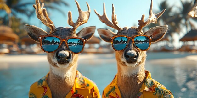 This funny illustration of a reindeer wearing sunglasses and a Hawaiian shirt in a beachy atmosphere is perfect for use on holiday posters that can bring fun and laughter to people on any occasion