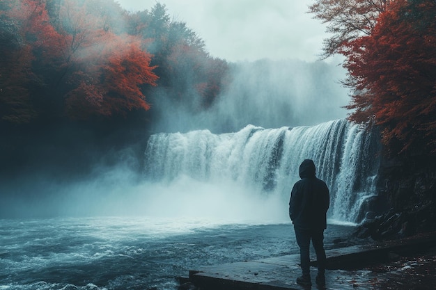 Photo this generative ai image shows a forest of autumn trees with a misty waterfall and a person enjoying nature escape