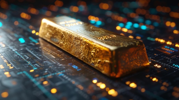 This gold bar rests on a stock chart representing investment