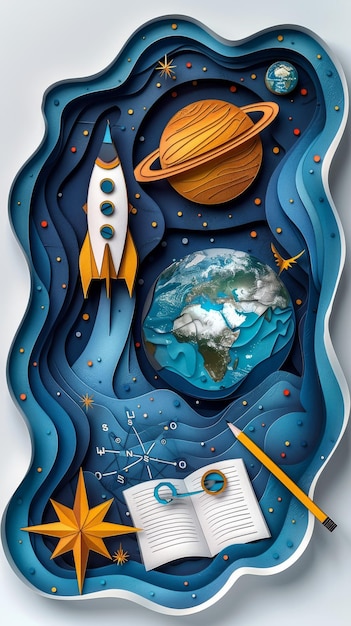 Photo this illustration depicts a papercraft rocket spaceship launching into a starry night sky with earth a ringed planet and other celestial objects back to school