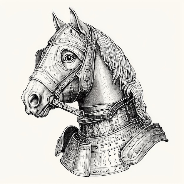 In this illustration a horse with a helmet on its head is rendered in black and white as an illustration for a cover card postcard poster brochure or other print material