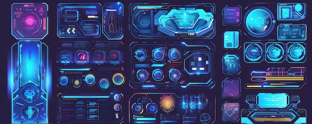 In this illustration you can see a futuristic hUD screen a hologram frame chart with a modern interface for a cyberpunk game monitor and a garish modern illustration for the VR monitor in a game