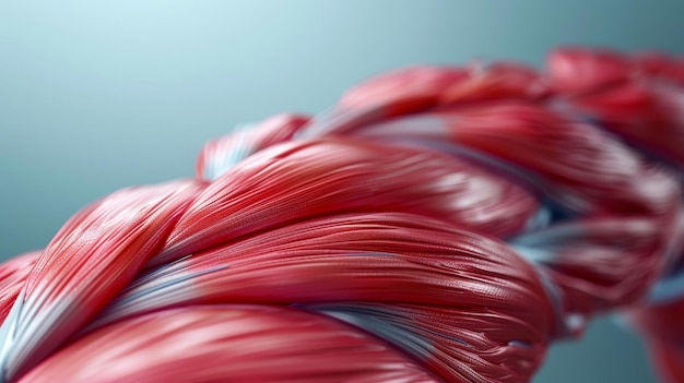 This image captures a detailed closeup of red muscular fibers highlighting the intricate texture