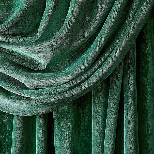 Photo this image captures the luxurious texture of velvet curtains in a green hue creating a soothing and