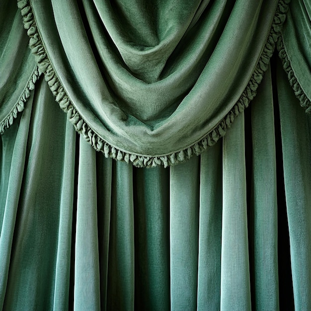 Photo this image captures the luxurious texture of velvet curtains in a green hue creating a soothing and