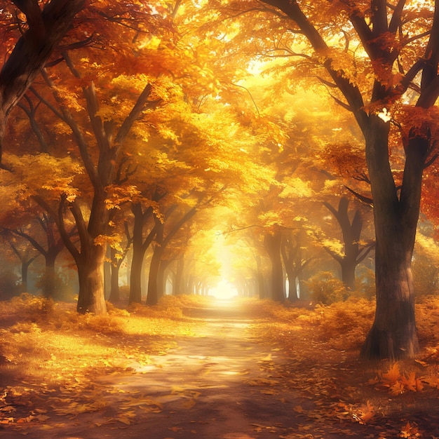 This image captures a peaceful forest path in early autumn with trees showcasing vibrant colors