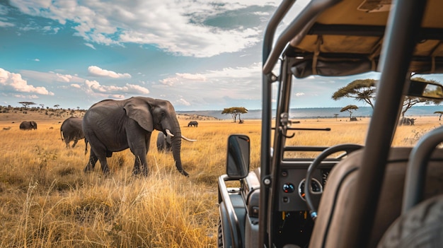 Photo this image depicts a safari jeep driving through the grasslands of the national park