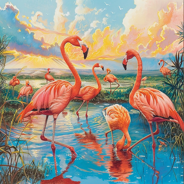 This image depicts a serene and vibrant scene of flamingos in a wetland environment