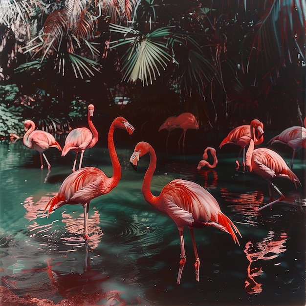 This image depicts a serene and vibrant scene of flamingos in a wetland environment