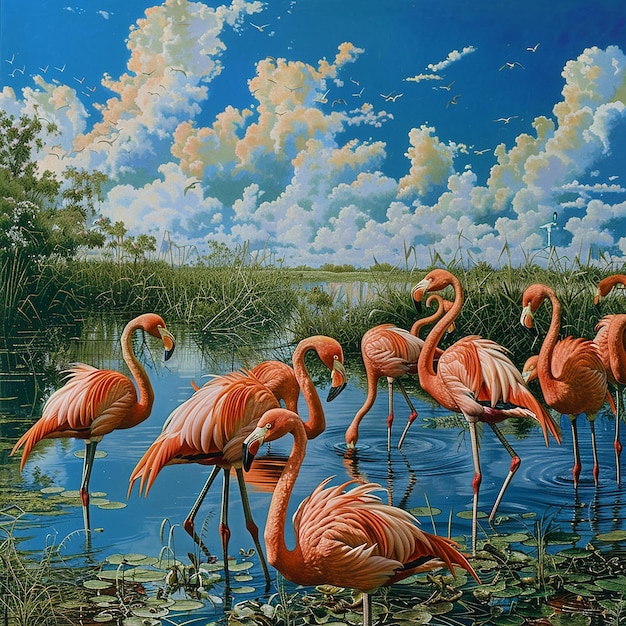 This image depicts a serene and vibrant scene of flamingos in a wetland environment