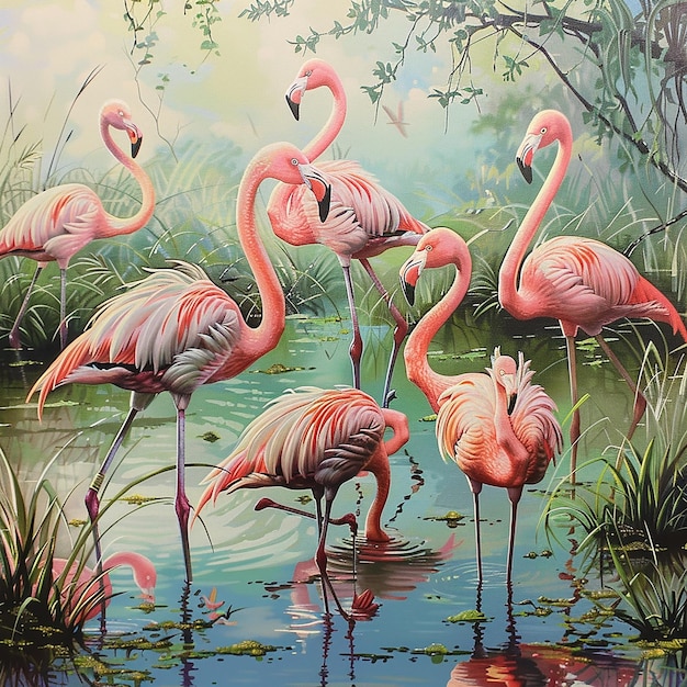 This image depicts a serene and vibrant scene of flamingos in a wetland environment