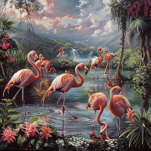 This image depicts a serene and vibrant scene of flamingos in a wetland environment