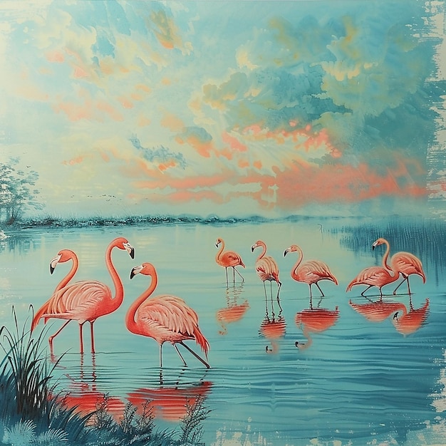 This image depicts a serene and vibrant scene of flamingos in a wetland environment