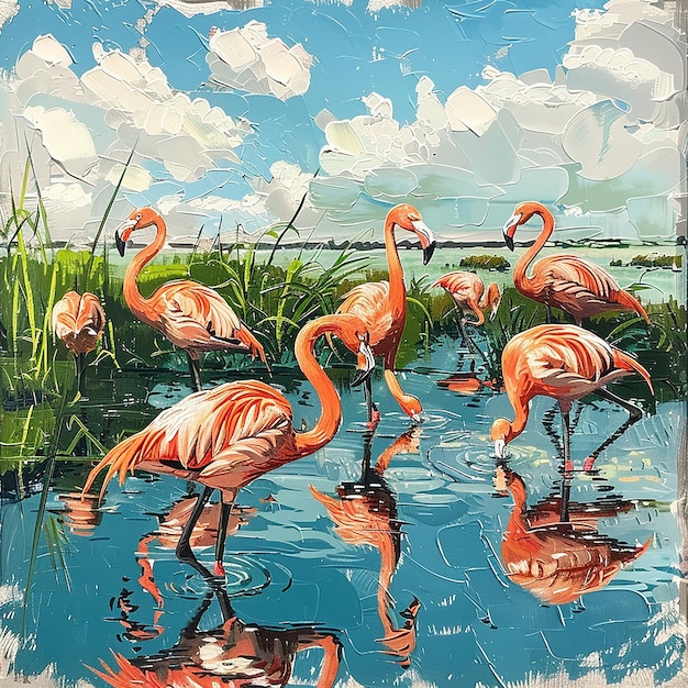 This image depicts a serene and vibrant scene of flamingos in a wetland environment