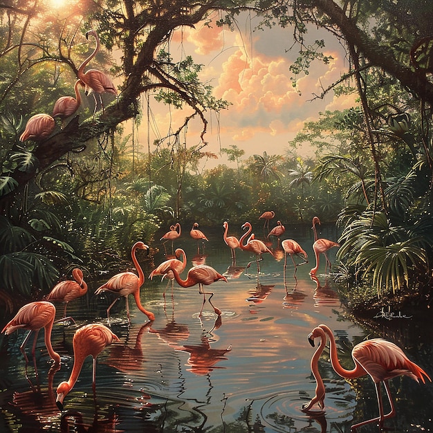 This image depicts a serene and vibrant scene of flamingos in a wetland environment