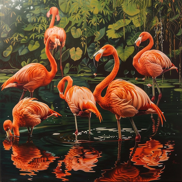 This image depicts a serene and vibrant scene of flamingos in a wetland environment