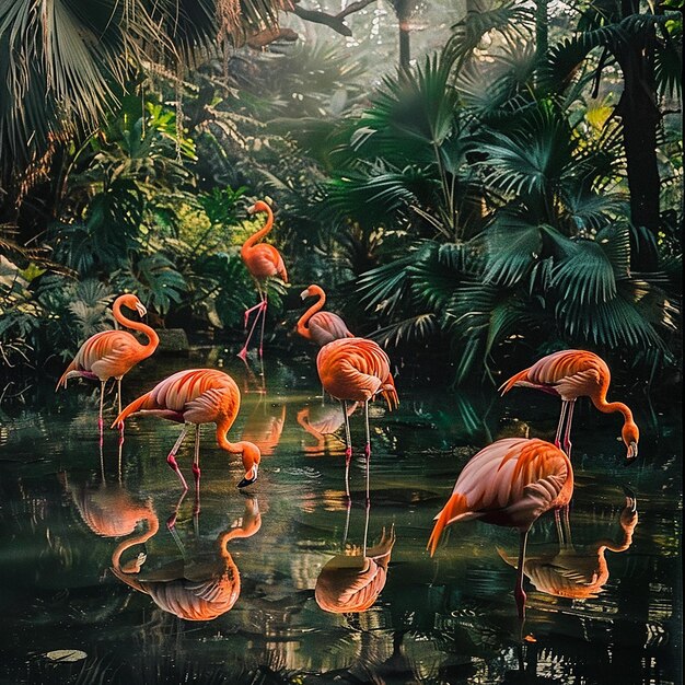 This image depicts a serene and vibrant scene of flamingos in a wetland environment