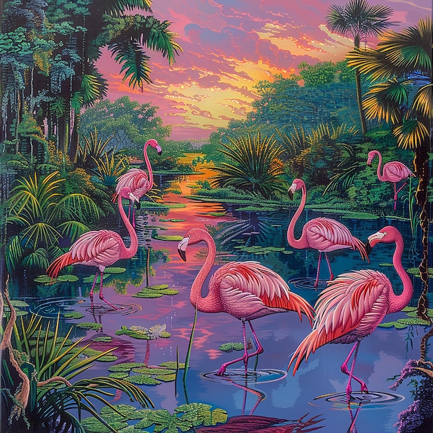 This image depicts a serene and vibrant scene of flamingos in a wetland environment