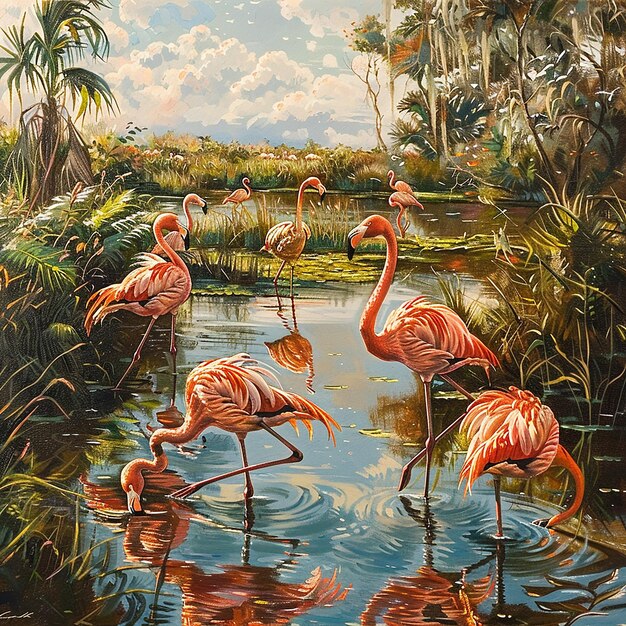 This image depicts a serene and vibrant scene of flamingos in a wetland environment