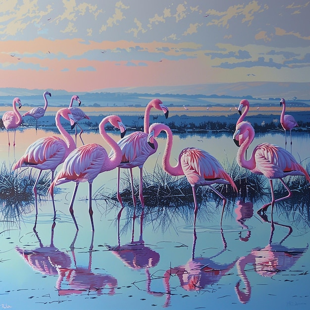 This image depicts a serene and vibrant scene of flamingos in a wetland environment