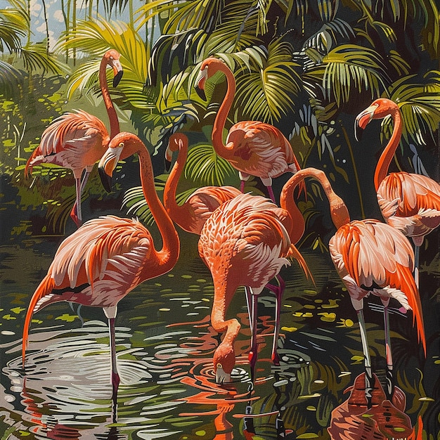 This image depicts a serene and vibrant scene of flamingos in a wetland environment