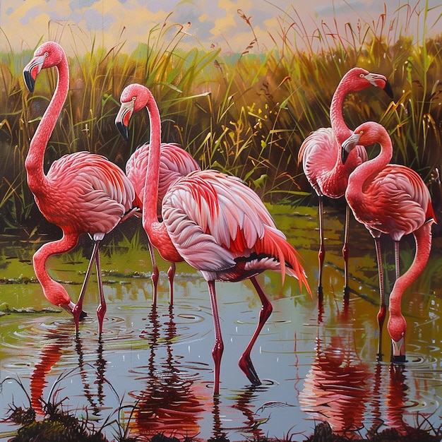 This image depicts a serene and vibrant scene of flamingos in a wetland environment