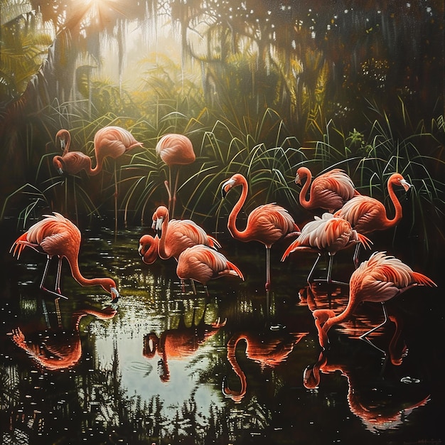 This image depicts a serene and vibrant scene of flamingos in a wetland environment