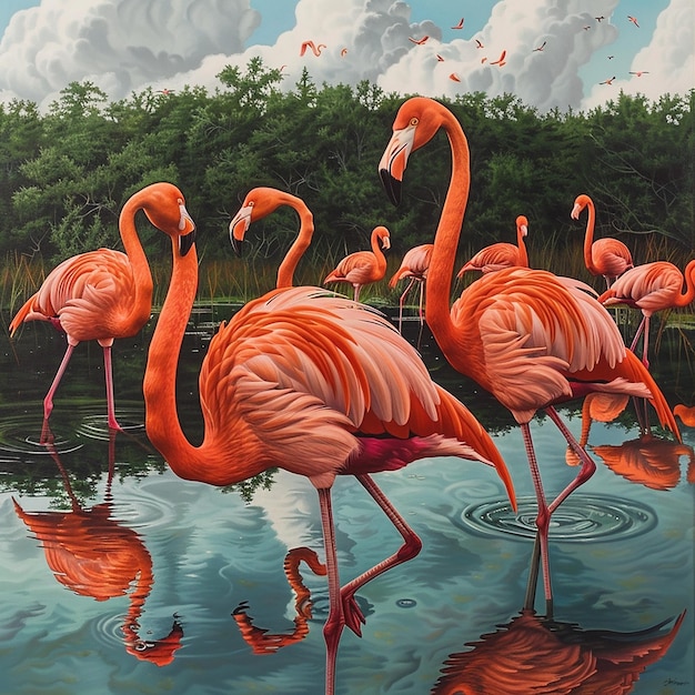 This image depicts a serene and vibrant scene of flamingos in a wetland environment