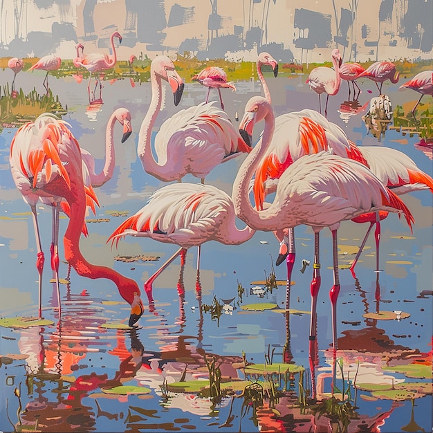 This image depicts a serene and vibrant scene of flamingos in a wetland environment