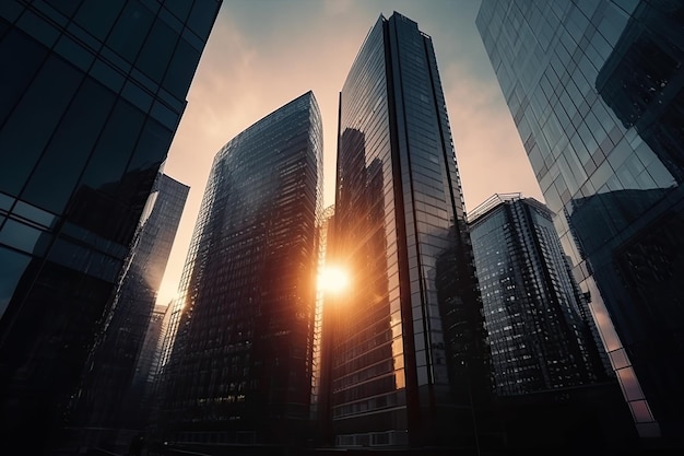 This image features a low angle view of modern office towers with tall glass facades emphasizing their height and the economic concepts they represent Generative AI