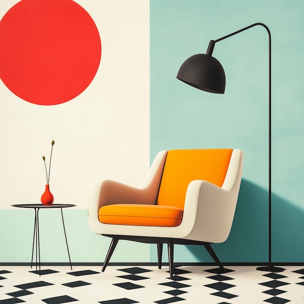 Photo this image features a modern mid century living room with a comfortable orange armchair a black floo