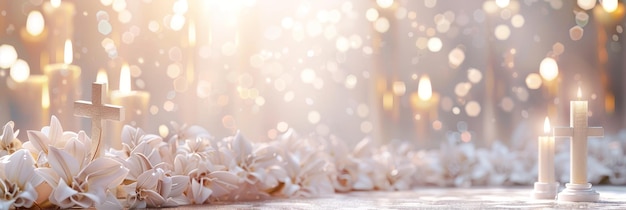 This image features a serene arrangement of lit candles surrounded by white flowers and cross decora