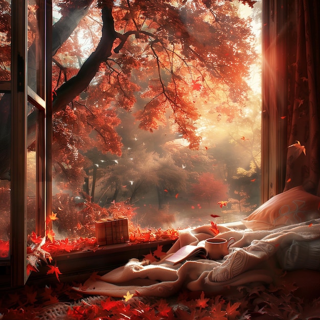 This image features a snug reading nook by a window with vibrant autumn foliage visible outside