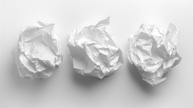 This image features three crumpled balls of white paper against a white background