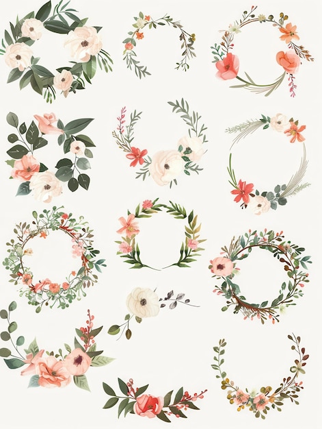 This image features a variety of beautiful floral wreaths perfect for adding a touch of elegance to wedding invitations and other celebratory designs Generative AI