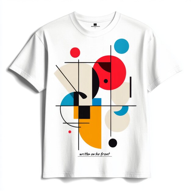 Photo this image features a white t shirt with a geometric abstract design