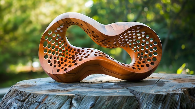 This image is a 3D rendering of a wooden sculpture The sculpture is a smooth organic shape with a hole in the center