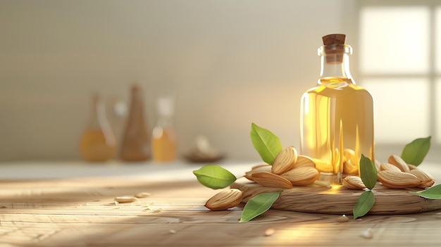 Photo this image is generative ai and generated by midjourney almond oil bottle with almonds and leaves on wooden table detailed dslr shot white background natural skincare product