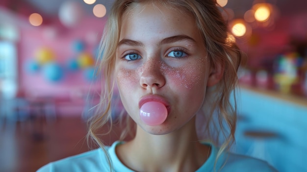 Photo this image represents youthful joy and copy space is centered around a teenage girl playing with bubble gum