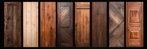 Photo this image showcases a collection of eight unique rustic wooden doors each with distinct grain